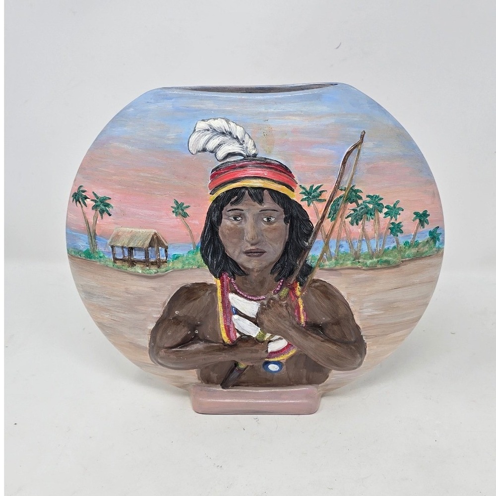 Hand painted ceramic portrait vase tropical sunset Indigenous art pottery pink